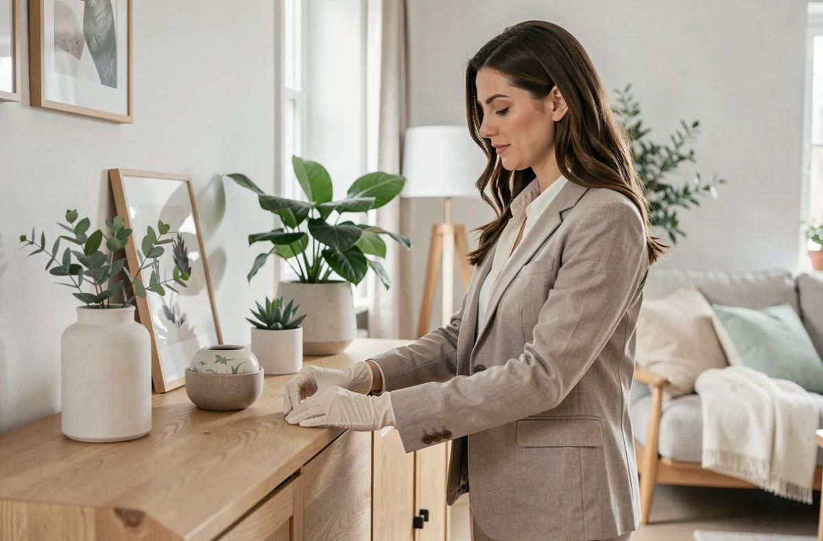 Professionnelle de 5Stager réorganisant la décoration intérieure d'une maison pour la mise en valeur
