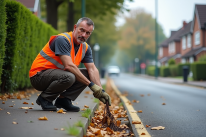 Agent municipal en gilet orange nettoyant des feuilles