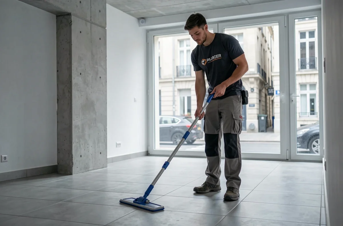 Agent AJ Nettoyage récurant le sol carrelé d'un appartement contemporain à Rouen