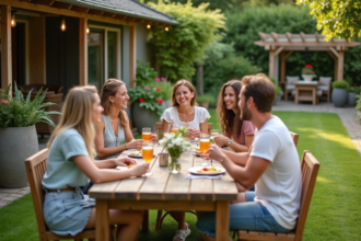 Groupe d'amis dans un jardin en été autour d'une table
