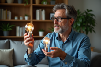 Homme moyen âge examine ampoule classique et LED