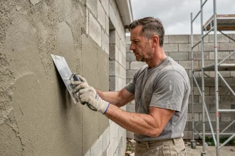 Ouvrier appliquant de l'enduit maps sur une façade extérieure en béton avec une taloche inox