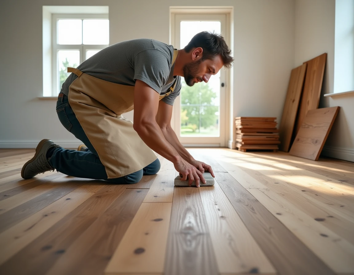 Artisan qui applique une huile de finition sur un parquet en noyer dans une maison familiale en rénovation