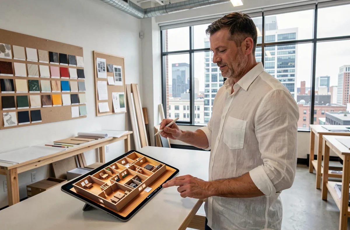 Architecte d'intérieur masculin analysant un plan 3D sur tablette dans un studio de conception contemporain