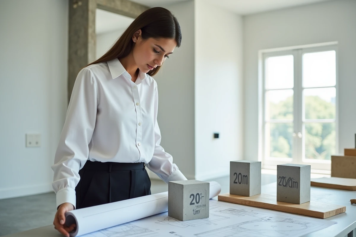 Jeune architecte examinant un bloc de béton dans un bureau