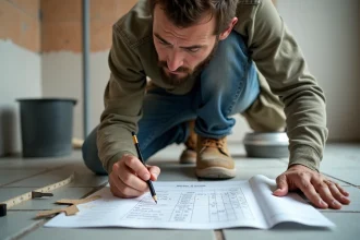 Artisan en train d'estimer le coût de travaux de rénovation salle de bain avec devis manuscrit et matériaux au sol