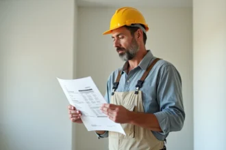 Hommes en travaux examinant une estimation de peinture dans un salon rénové