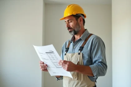 Hommes en travaux examinant une estimation de peinture dans un salon rénové