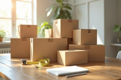 Assortiment de cartons empiles sur un bureau lumineux