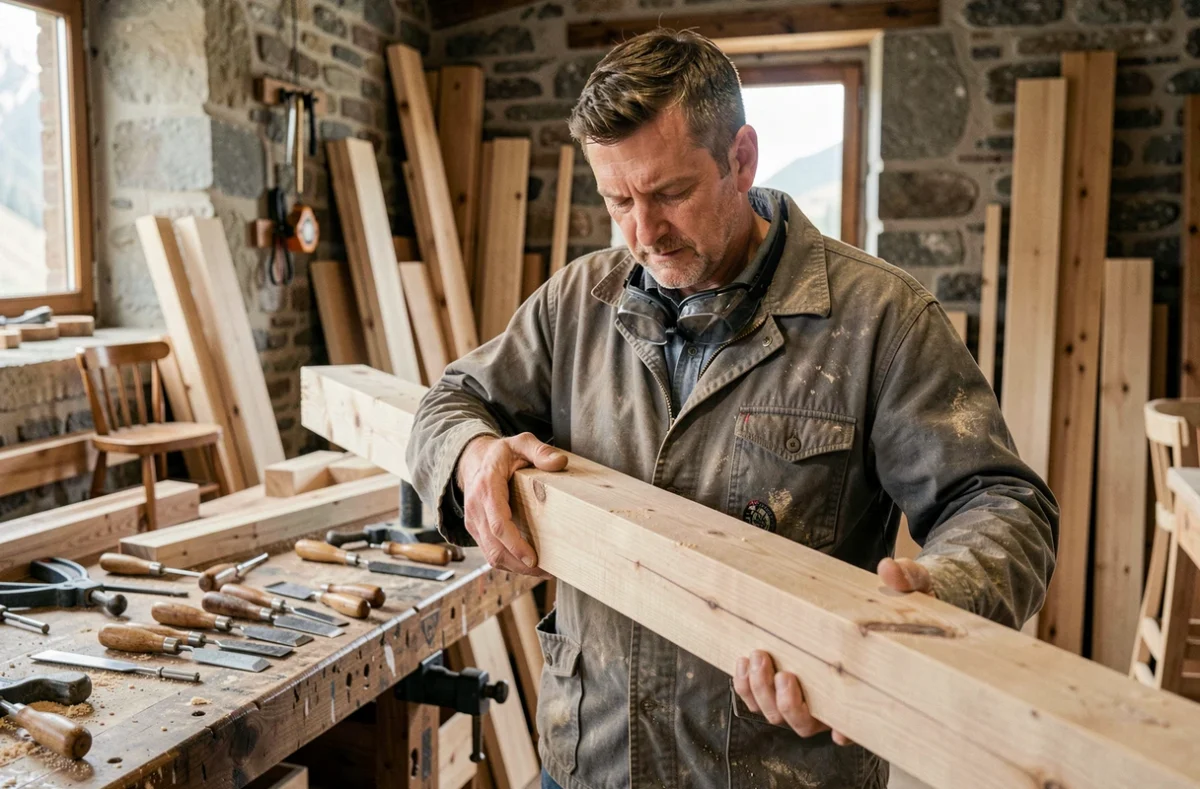 Artisan spécialiste bois inspectant une poutre en chêne dans son atelier à Thônes
