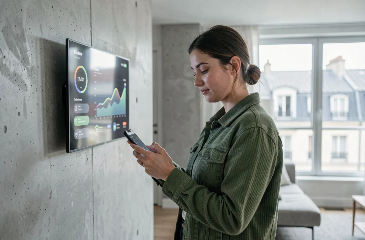 Une jeune femme parisienne surveille la production d'énergie solaire de son foyer via l'application Beem Energy sur son smartphone