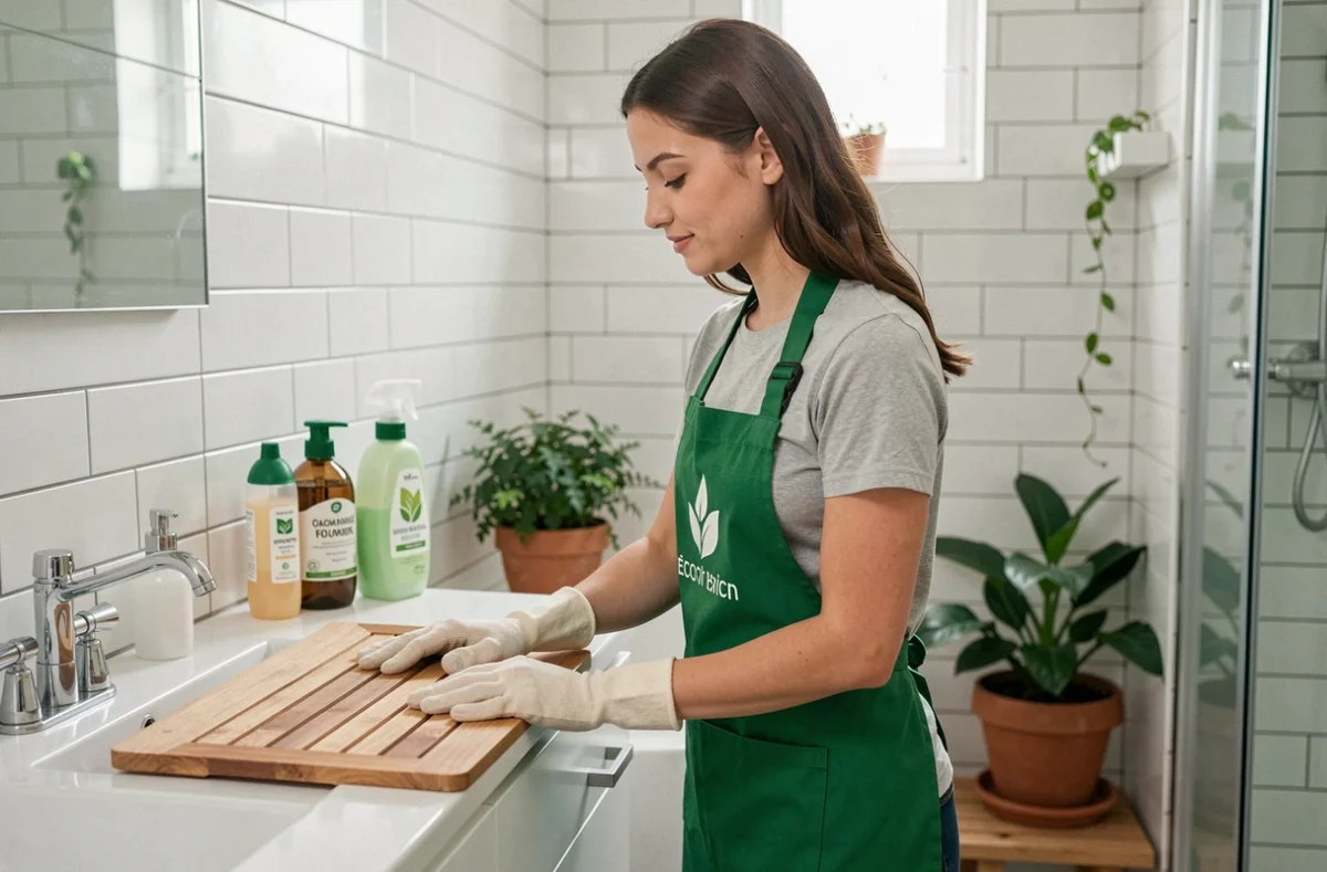 Professionnelle de Bio Nettoyage utilisant des produits écologiques dans une salle de bain