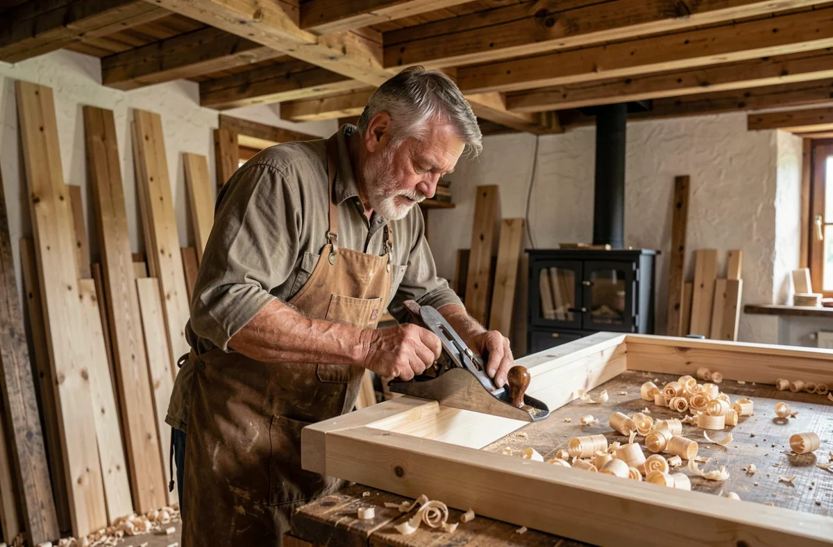 Menuisier traditionnel rabotant un cadre de fenêtre en bois dans un atelier montagnard en Haute-Savoie