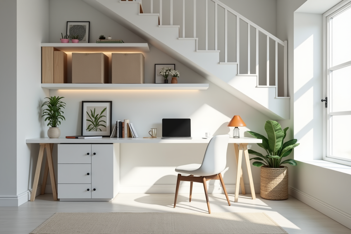Petit bureau maison sous escalier blanc avec bureau et rangement organisé