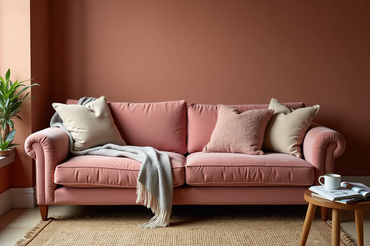 Canapé méridienne recouvert d'une housse en velours rose dans un salon cosy et décoré