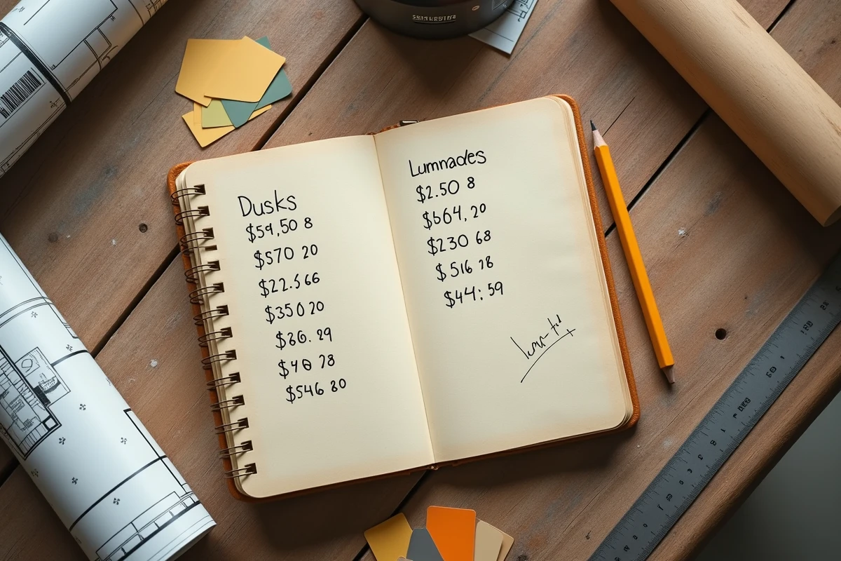 Vue rapprochée d'un carnet de chantier avec estimations manuscrites et outils de mesure sur établi de bricolage