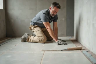 Carreleur professionnel posant un grand carrelage en porcelaine dans une salle de bain en rénovation