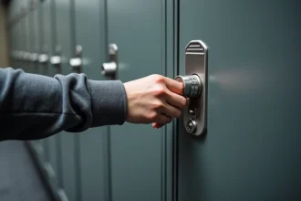 Mains d'une femme en train de changer le code d'un cadenas à 3 chiffres sur un casier de vestiaire