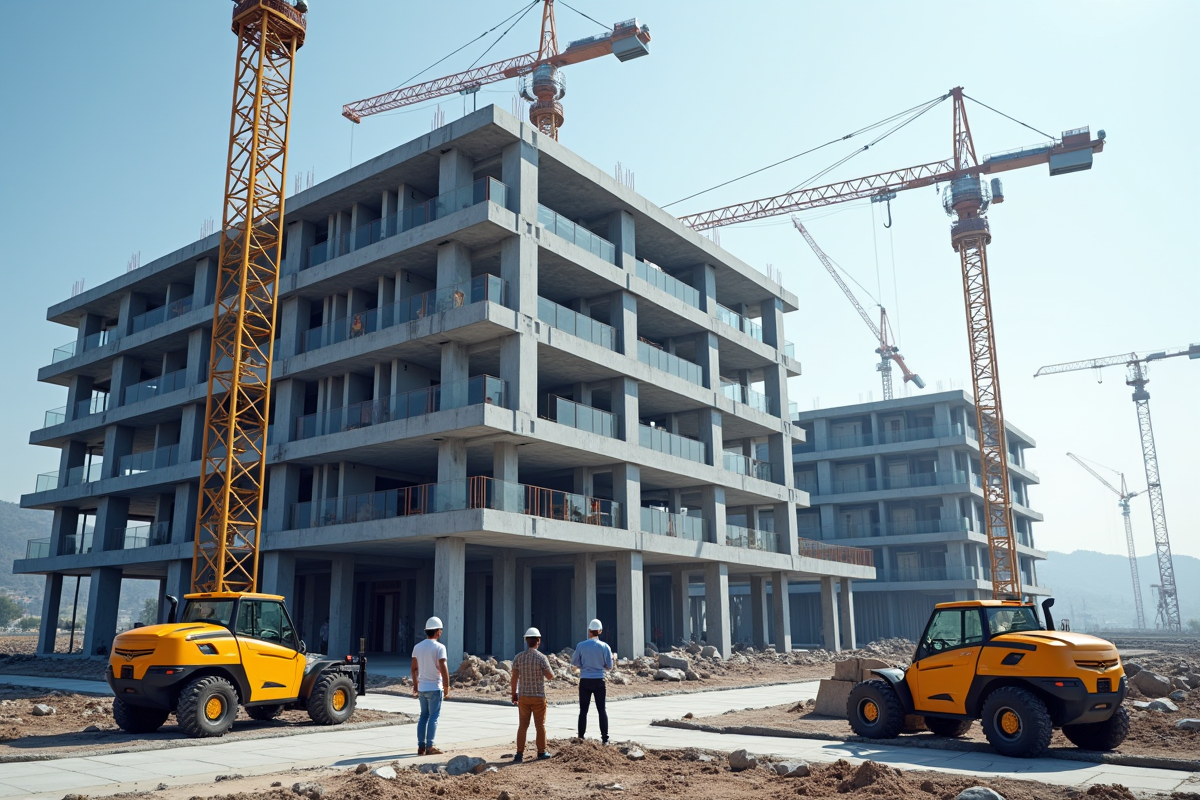 Chantier moderne en 2025 avec machines avancées et bâtiment intelligent en construction