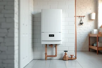 Chaudière électrique murale pour chauffage central installée dans une buanderie moderne avec tuyaux en cuivre et thermostat numérique