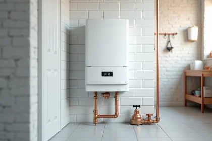 Chaudière électrique murale pour chauffage central installée dans une buanderie moderne avec tuyaux en cuivre et thermostat numérique