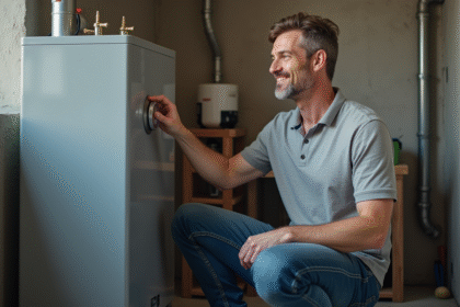 Homme moyenâgeux ajustant un thermostat de chauffe-eau moderne