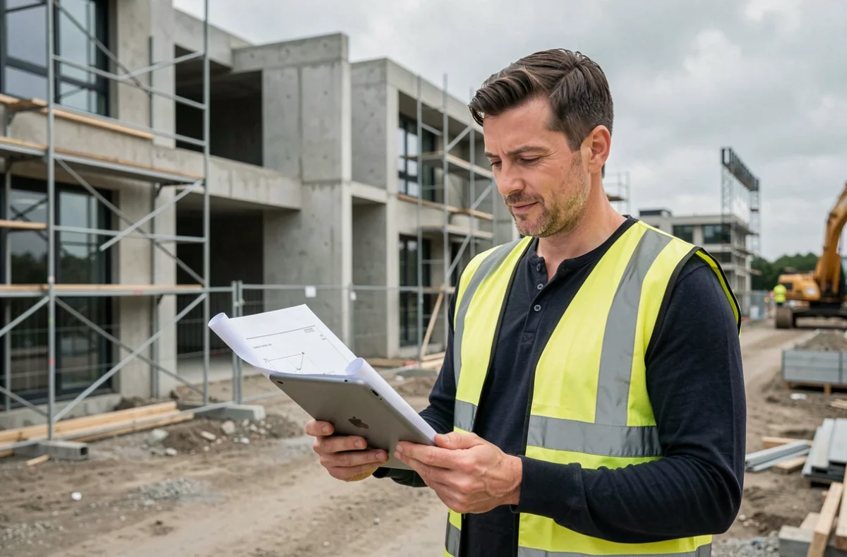 Chef de projet sur un chantier de construction résidentielle consultant les plans d'un projet sur mesure Hydrogaia
