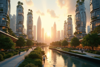 Silhouette d'une ville futuriste écologique au lever du soleil avec bâtiments verts et panneaux solaires