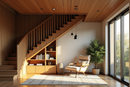 Coin lecture cosy sous une escalier en bois moderne avec étagères et fauteuil