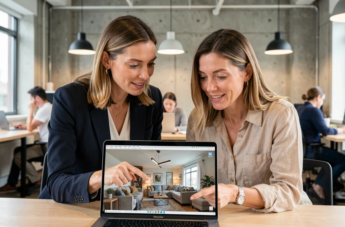 Deux professionnelles collaborant sur un logiciel de modélisation 3D d'intérieur dans un espace de coworking