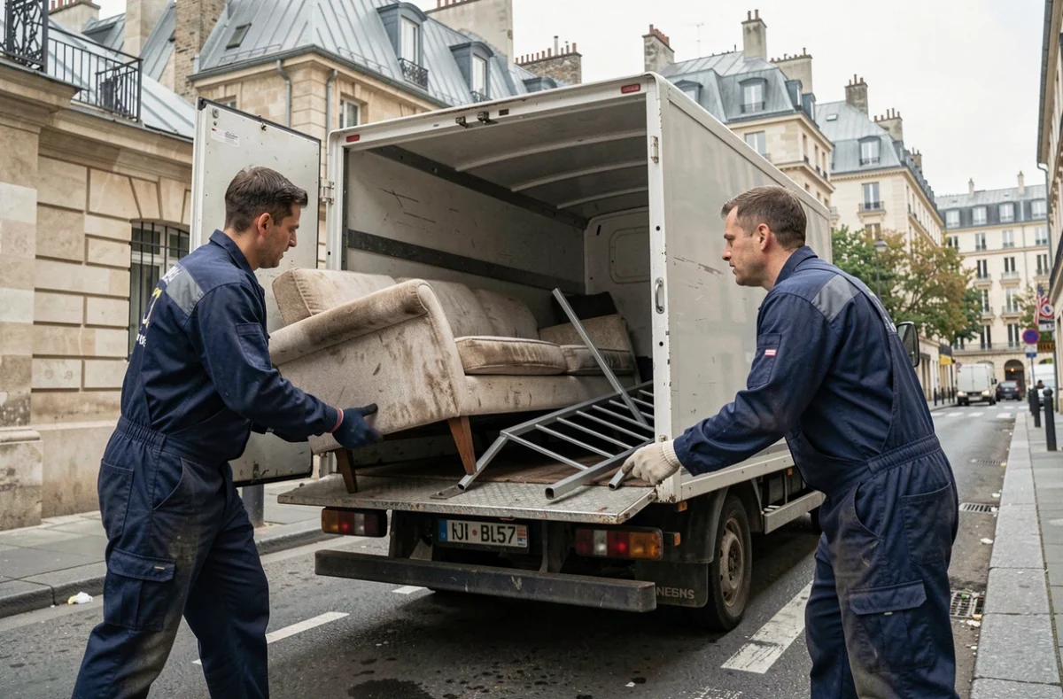 Agents municipaux chargeant des encombrants dans un camion de collecte à Paris