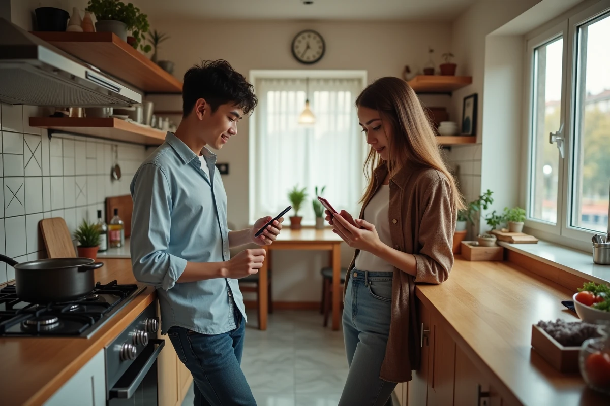 Deux colocataires étudiants préparant un repas ensemble dans la cuisine partagée de leur appartement en colocation