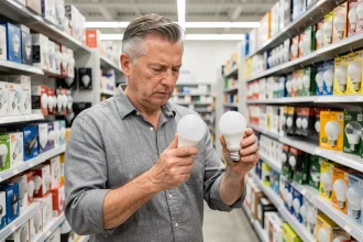 Homme comparant une ampoule halogène et une ampoule LED de même taille dans un magasin de bricolage