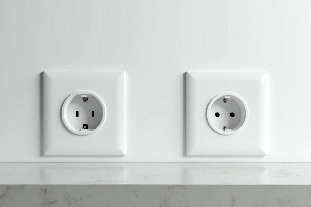 Comparaison côte à côte d'une prise encastrée et d'une prise en saillie sur un panneau de plâtre blanc