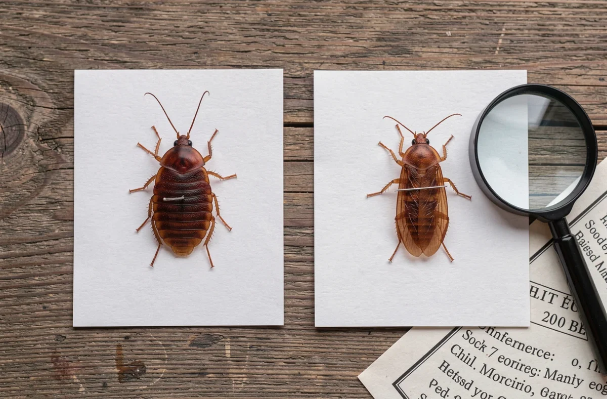 Comparaison entre une punaise de lit et un insecte similaire sur des cartes entomologiques avec loupe d'identification