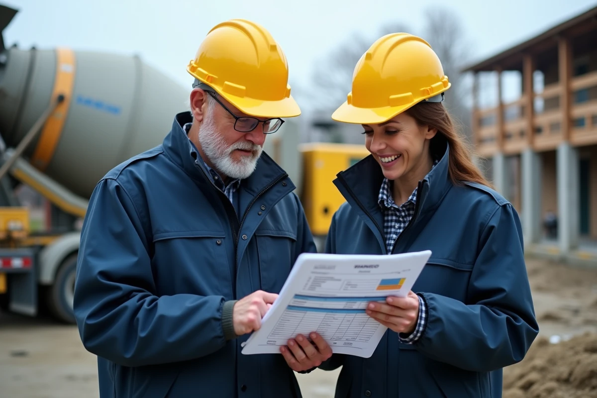 Deux professionnels du BTP comparant tableau papier et application numérique pour calculer le volume de béton sur un chantier