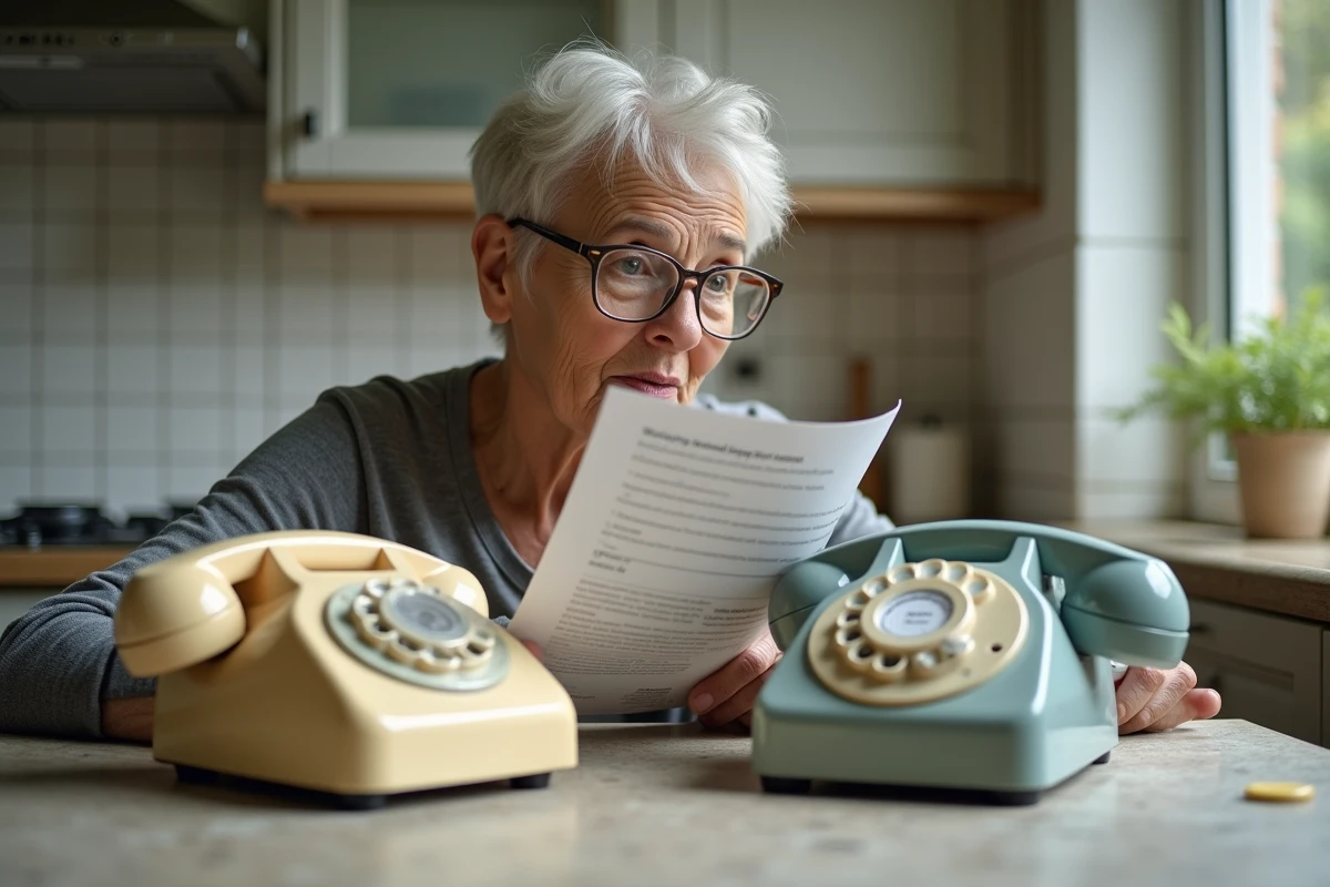 Femme comparant deux téléphones à cadran rotatif sur un plan de travail de cuisine avant installation sécurisée