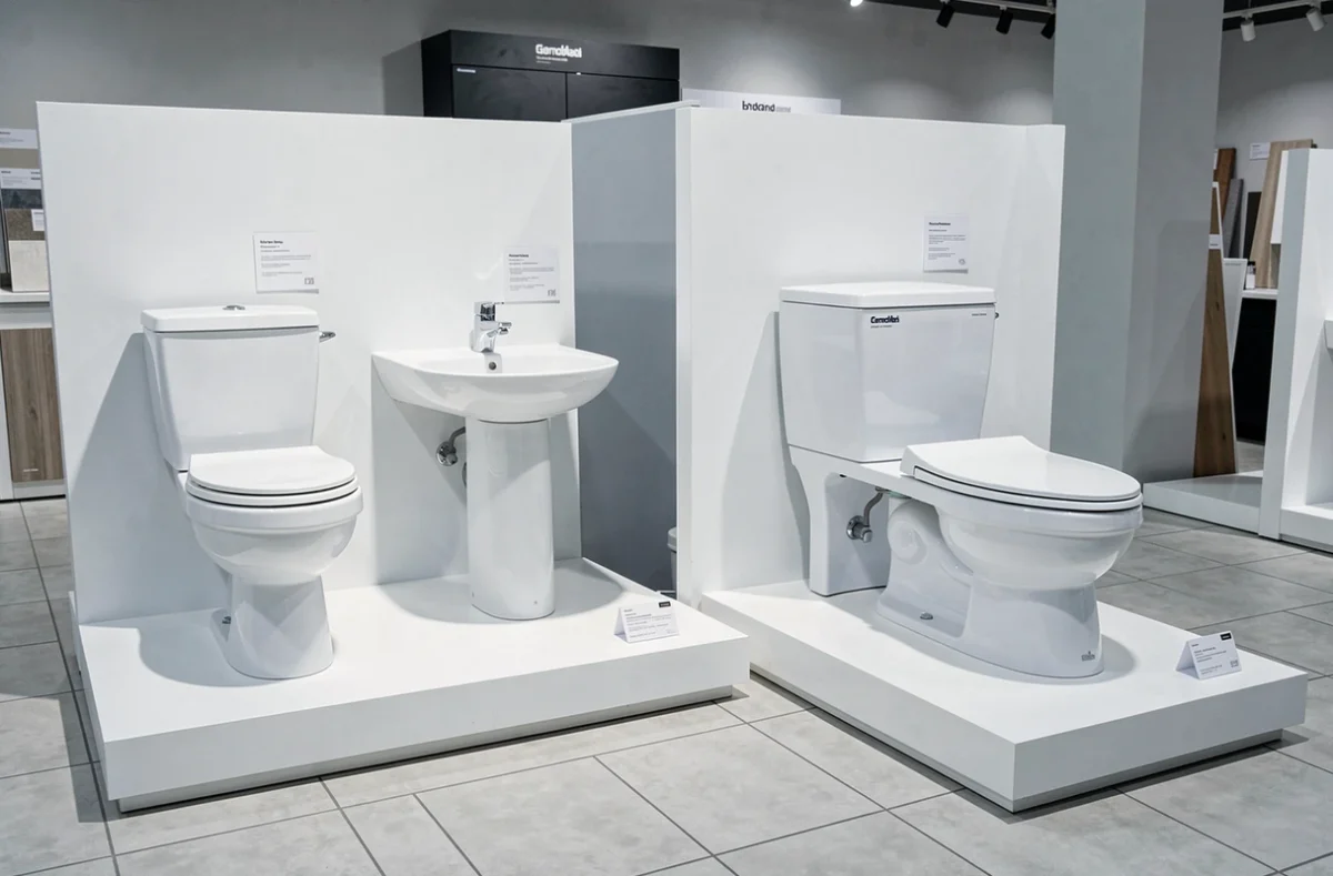 Comparaison en showroom entre un WC classique avec lave-mains séparé et un WC avec lave-main intégré sur le réservoir