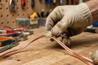 Mains d'électricien connectant des fils électriques dans un bornier Wago transparent sur un établi d'atelier