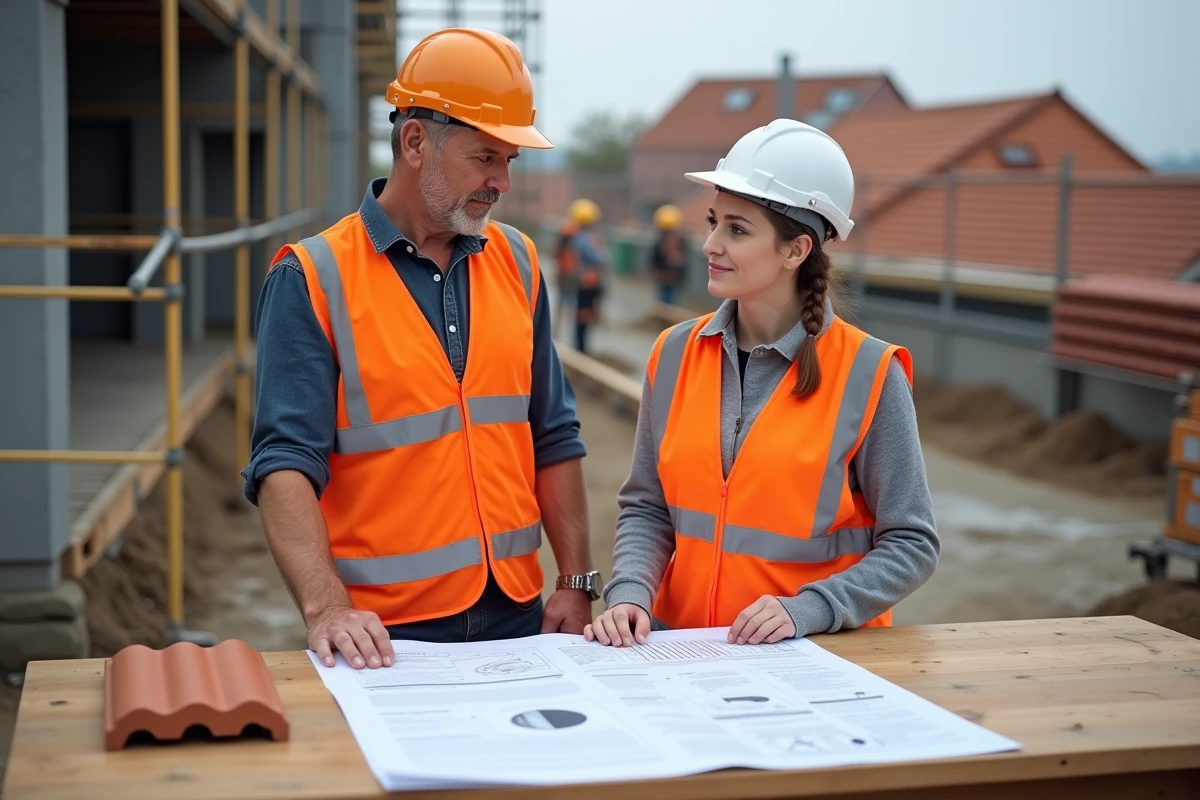 Deux professionnels du bâtiment consultant la fiche technique de pose de tuile canal mise à jour en 2026 sur un chantier de toiture