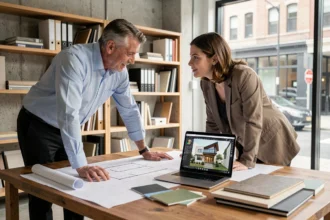 Architecte et client en consultation sur un projet de maison sur mesure dans un studio de design moderne