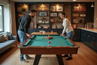 Couple jouant au billard américain dans une salle moderne