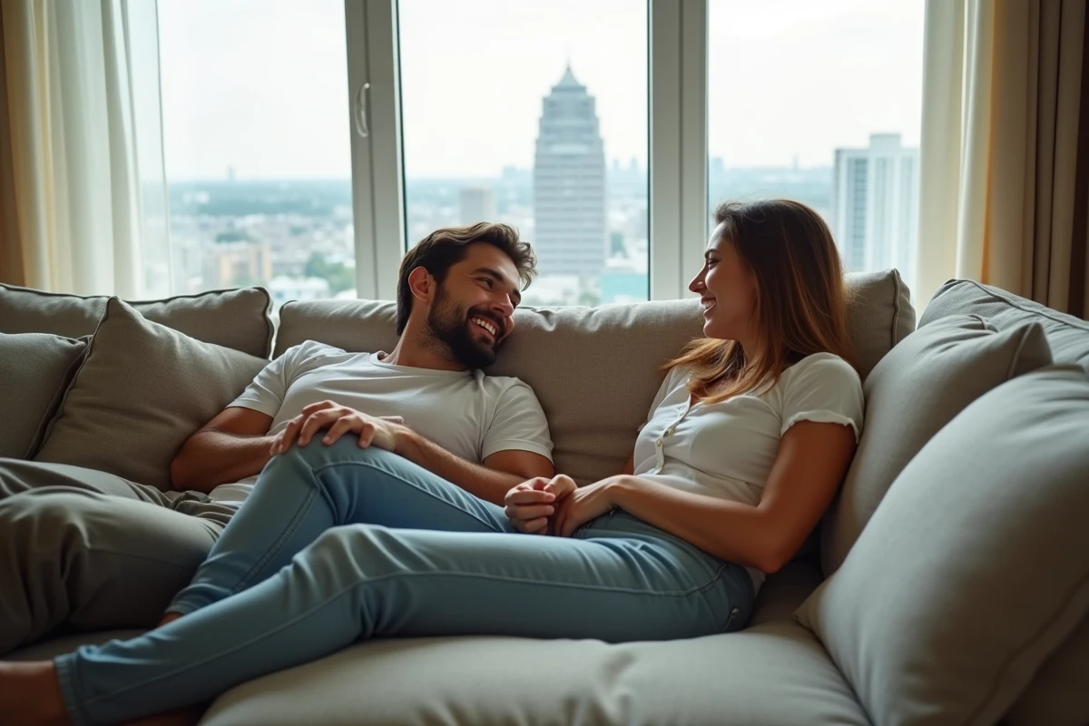 Jeune couple détendu sur un canapé dans un appartement lumineux