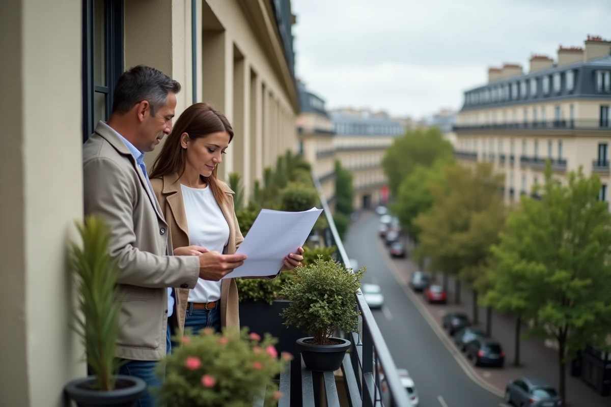 Couple examinant un contrat d'assurance habitation Acheel sur un balcon avec vue sur Paris