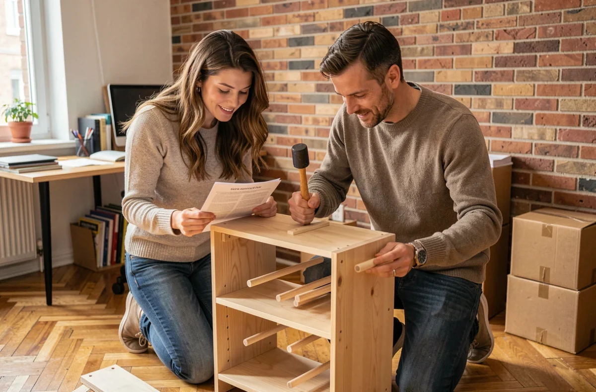 Couple assemblant un meuble en bois dans un bureau à domicile lors d'une rénovation intérieure économique