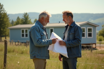 Couple regardant des plans devant une maison mobile en plein air