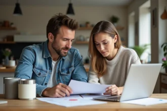 Couple en jeans et pulls examine devis de renovation