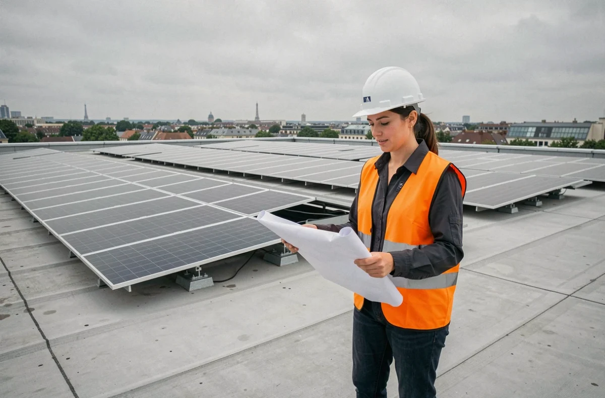 Une cheffe de projet de CR Bati Solutions supervise l'installation de panneaux solaires sur un toit commercial en région parisienne