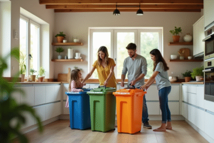 Cuisine moderne française avec famille triant les déchets