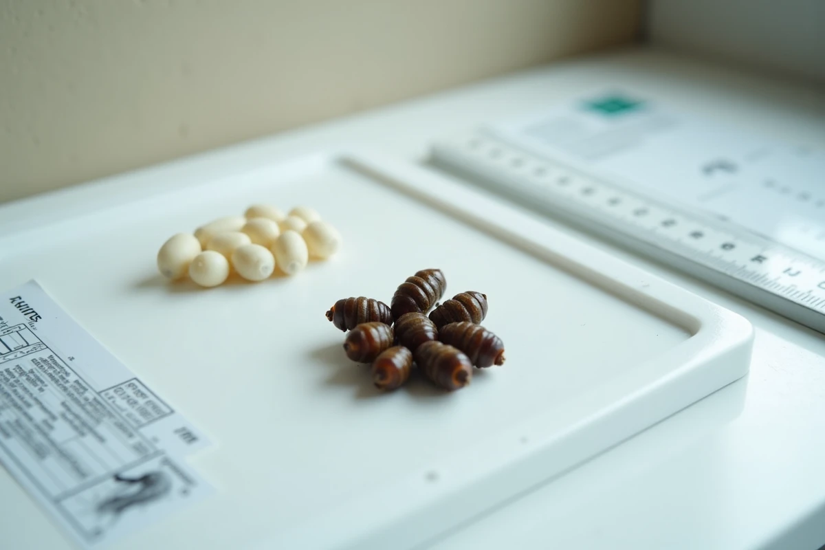 Plateau de laboratoire présentant les stades du cycle de vie d'une mouche domestique, dont des pupes brun-roux avec une règle graduée pour l'échelle